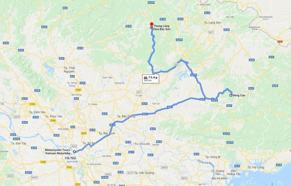 Map from Hanoi to Dong Cao and Bac Son valley